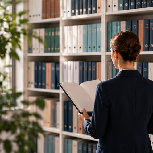 Person in einer hellen Bibliothek beim Sichten von Forschungsunterlagen